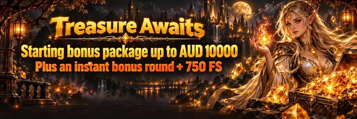 Elf-like sorceress conjuring a golden flame beside an overflowing gemstone chest, promoting a starting bonus package up to AUD 10000 plus an instant bonus round and 750 free spins.